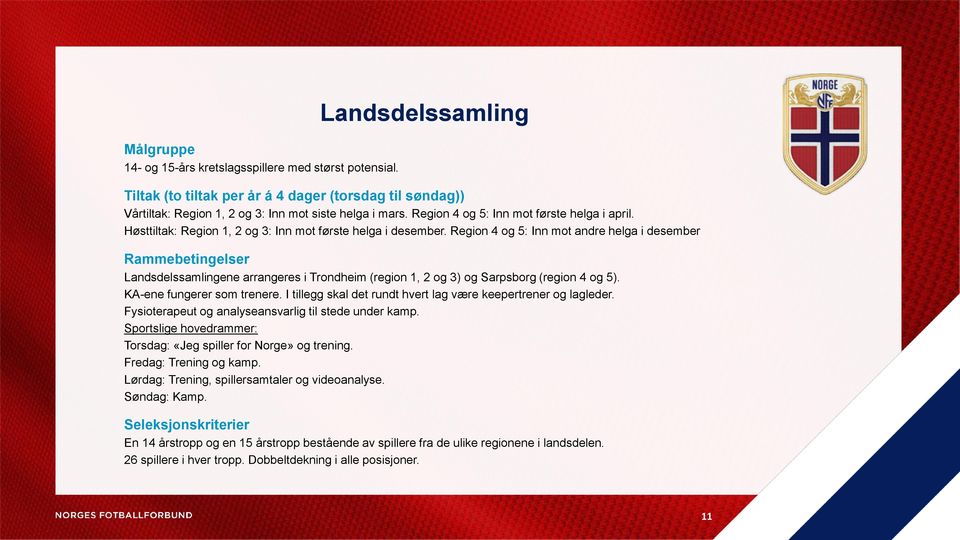 Region 4 og 5: Inn mot andre helga i desember Rammebetingelser Landsdelssamlingene arrangeres i Trondheim (region 1, 2 og 3) og Sarpsborg (region 4 og 5). KA-ene fungerer som trenere.