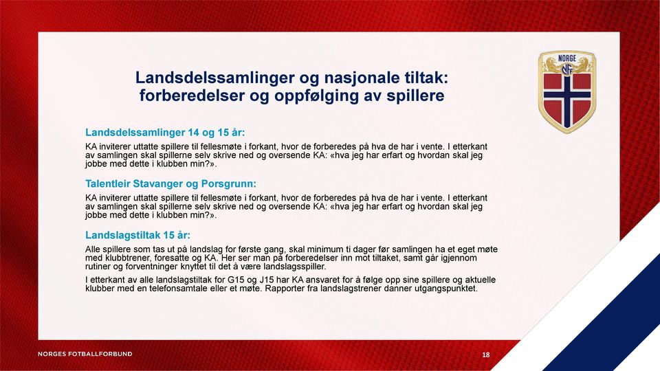 Talentleir Stavanger og Porsgrunn: KA inviterer uttatte spillere til fellesmøte i forkant, hvor de forberedes på hva de  Landslagstiltak 15 år: Alle spillere som tas ut på landslag for første gang,