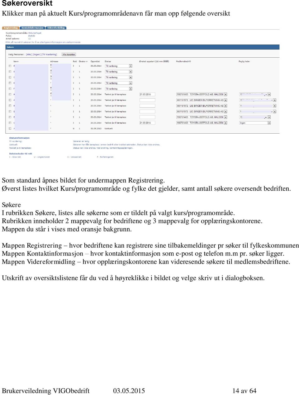 Rubrikken inneholder 2 mappevalg for bedriftene og 3 mappevalg for opplæringskontorene. Mappen du står i vises med oransje bakgrunn.