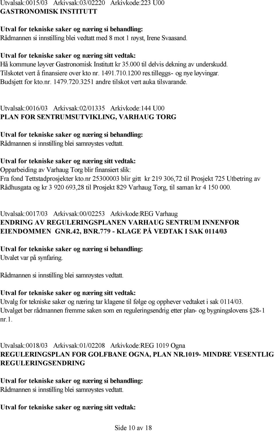 Utvalsak:0016/03 Arkivsak:02/01335 Arkivkode:144 U00 PLAN FOR SENTRUMSUTVIKLING, VARHAUG TORG Opparbeiding av Varhaug Torg blir finansiert slik: Fra fond Tettstadprosjekter kto.