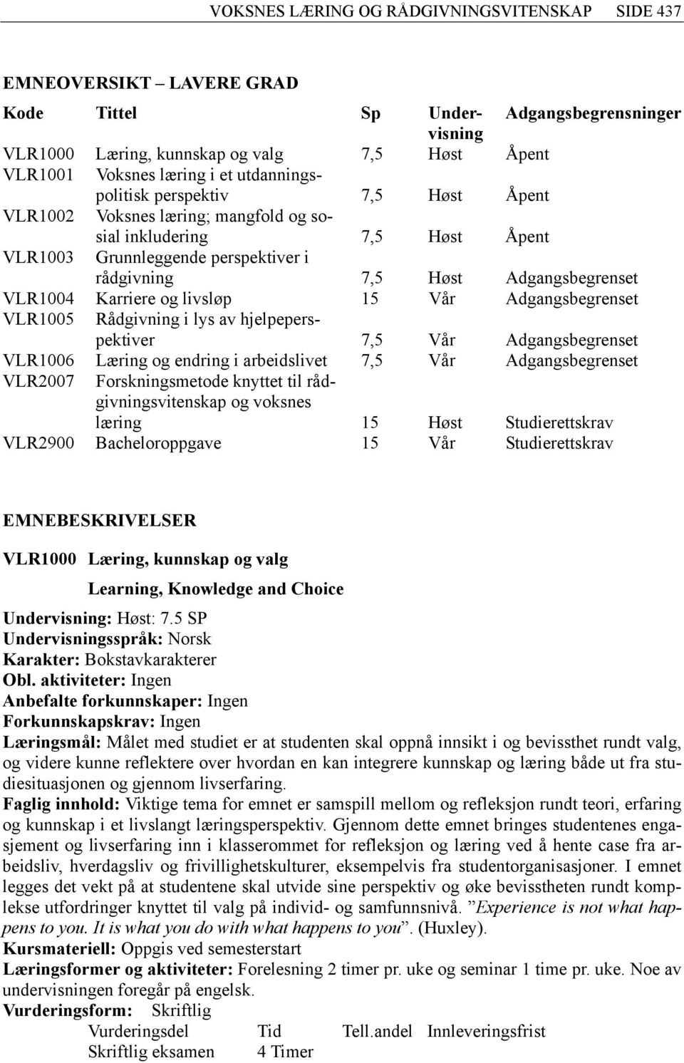 Adgangsbegrenset VLR1005 Rådgivning i lys av hjelpeperspektiver 7,5 Vår Adgangsbegrenset VLR1006 Læring og endring i arbeidslivet 7,5 Vår Adgangsbegrenset VLR2007 Forskningsmetode knyttet til