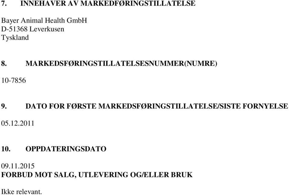 DATO FOR FØRSTE MARKEDSFØRINGSTILLATELSE/SISTE FORNYELSE 05.12.2011 10.