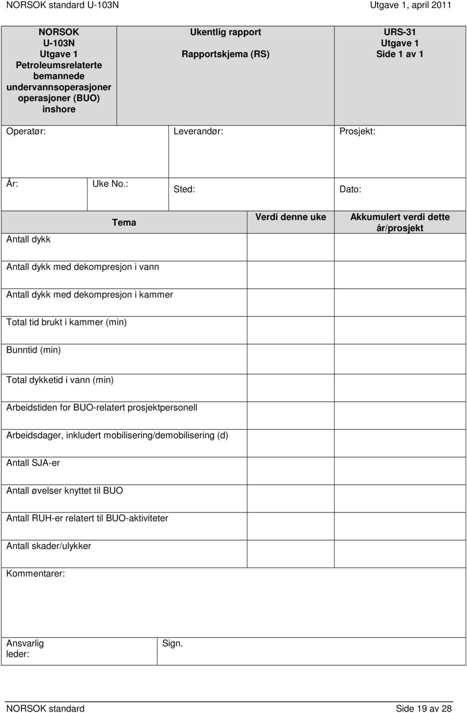 : Sted: Dato: Antall dykk Tema Verdi denne uke Akkumulert verdi dette år/prosjekt Antall dykk med dekompresjon i vann Antall dykk med dekompresjon i kammer Total tid brukt i