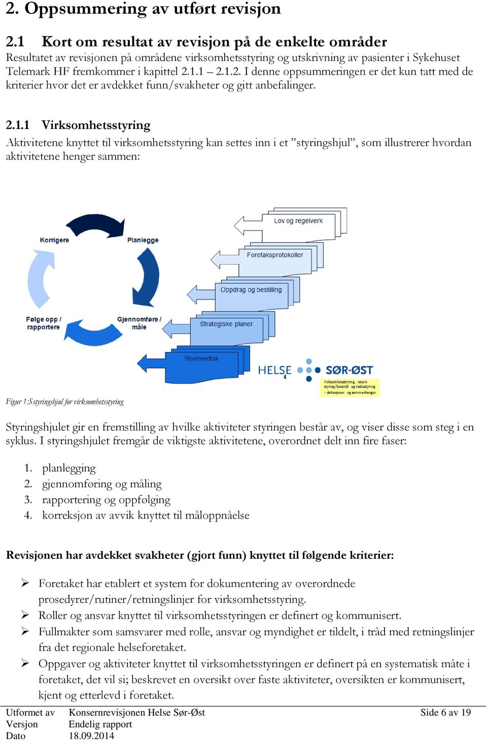 1.1 2.1.2. I denne oppsummeringen er det kun tatt med de kriterier hvor det er avdekket funn/svakheter og gitt anbefalinger. 2.1.1 Virksomhetsstyring Aktivitetene knyttet til virksomhetsstyring kan