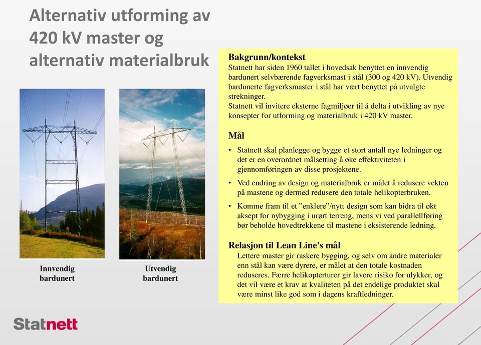 Statnett vil invitere eksterne fagmiljøer til å delta i utvikling av nye konsepter for utforming og materialbruk i 420 kv master.