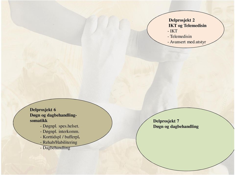 helset. - Døgnpl. interkomm. - Korttidspl / bufferpl. - Rehab/Habilitering - Dagbehandling Delprosjekt 1 Organisering - videreutvikling / avtaleverk - Koordinering - Felles systemarbeid - Strat.