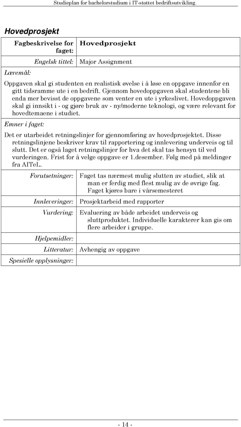 Hovedoppgaven skal gi innsikt i - og gjøre bruk av - ny/moderne teknologi, og være relevant for hovedtemaene i studiet. Det er utarbeidet retningslinjer for gjennomføring av hovedprosjektet.