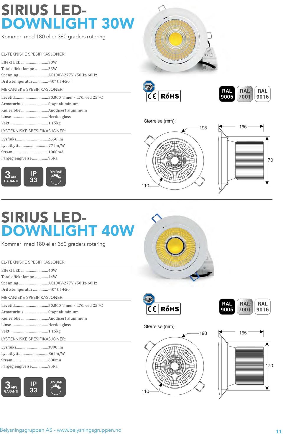 ..95Ra 75 170 33 50 110 SIRIUS LED- DOWNLIGHT 40W Kommer med 180 eller 360 graders rotering Effekt LED...40W Total effekt lampe...44w Spenning...AC100V-277V /50Hz-60Hz Driftstemperatur.