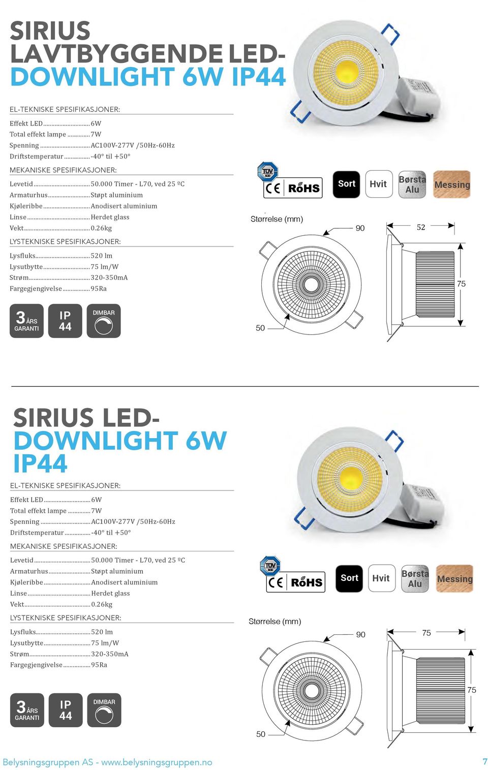 ..320-350mA Fargegjengivelse...95Ra 75 44 50 SIRIUS LED- DOWNLIGHT 6W 44 Effekt LED...6W Total effekt lampe...7w Spenning...AC100V-277V /50Hz-60Hz Driftstemperatur...-4 til +5 Levetid...50.000 Timer - L70, ved 25 ºC Armaturhus.