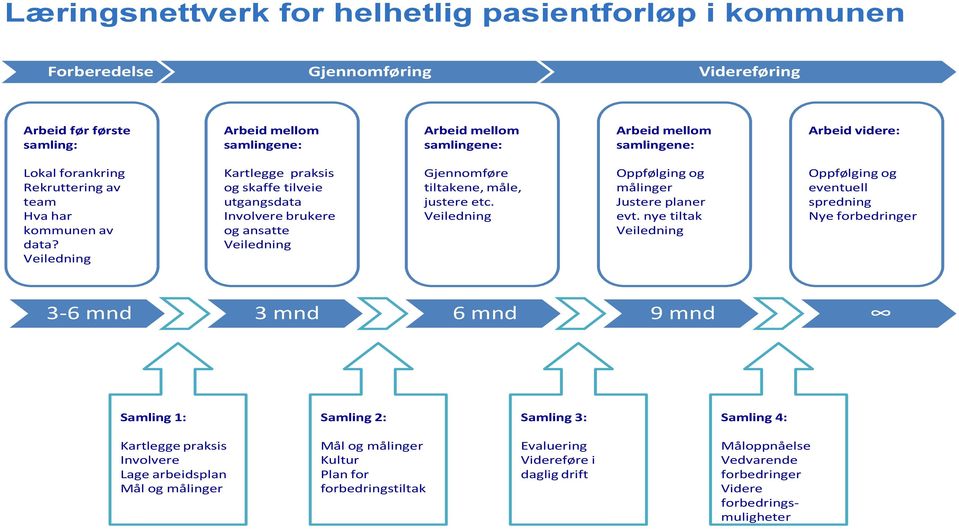 Veiledning Kartlegge praksis og skaffe tilveie utgangsdata Involvere brukere og ansatte Veiledning Gjennomføre tiltakene, måle, justere etc. Veiledning Oppfølging og målinger Justere planer evt.