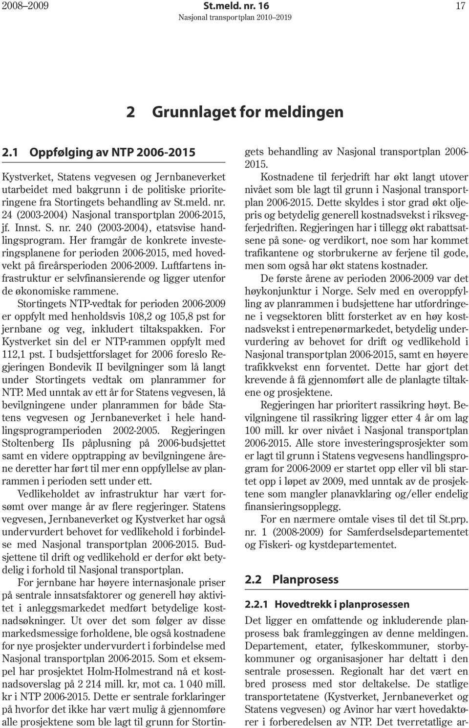 24 (2003-2004) Nasjonal transportplan 2006-2015, jf. Innst. S. nr. 240 (2003-2004), etatsvise handlingsprogram.