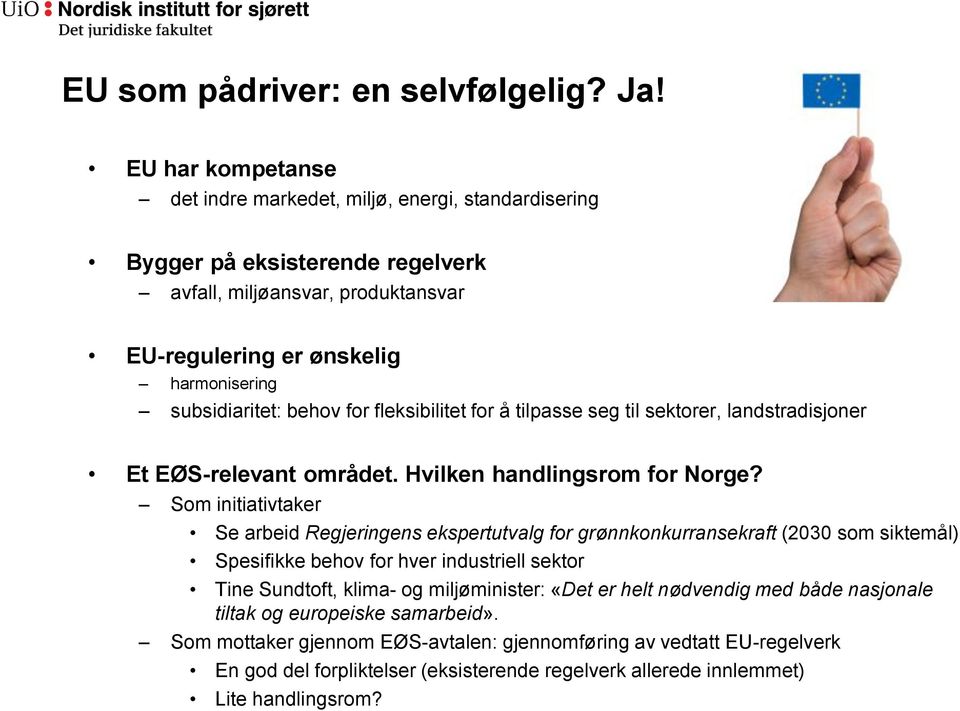 behov for fleksibilitet for å tilpasse seg til sektorer, landstradisjoner Et EØS-relevant området. Hvilken handlingsrom for Norge?