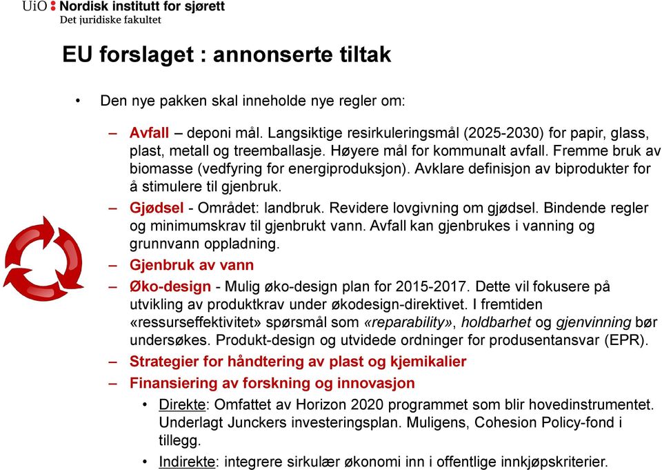 Revidere lovgivning om gjødsel. Bindende regler og minimumskrav til gjenbrukt vann. Avfall kan gjenbrukes i vanning og grunnvann oppladning.