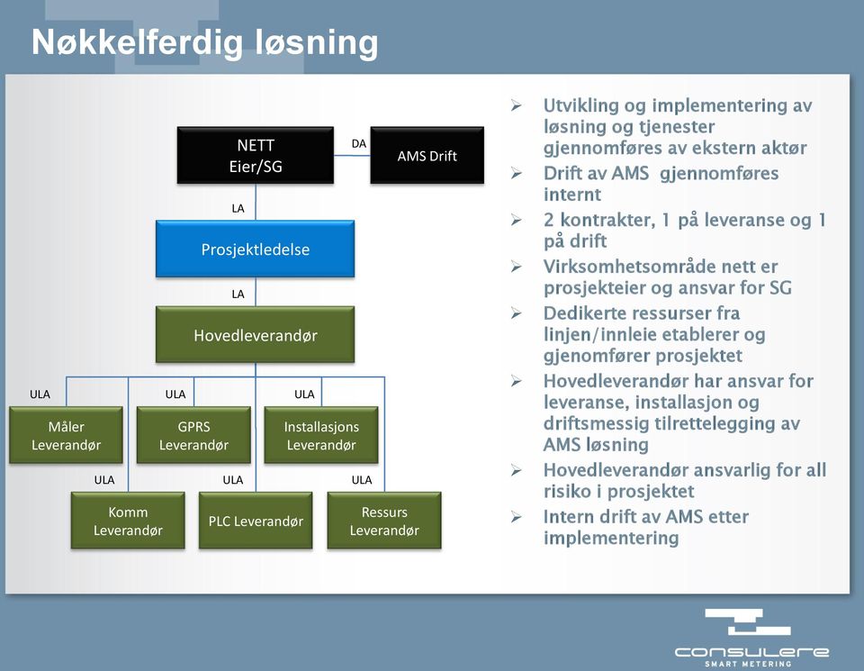 Virksomhetsområde nett er prosjekteier og ansvar for SG Dedikerte ressurser fra linjen/innleie etablerer og gjenomfører prosjektet Hovedleverandør har ansvar