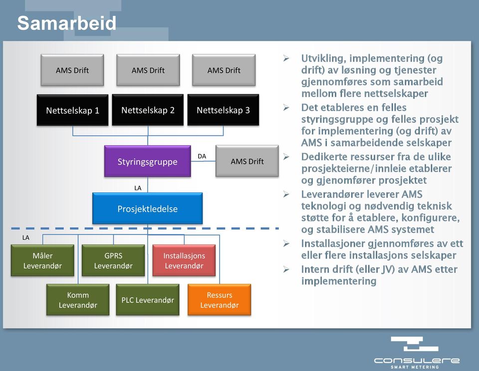 implementering (og drift) av AMS i samarbeidende selskaper Dedikerte ressurser fra de ulike prosjekteierne/innleie etablerer og gjenomfører prosjektet er leverer AMS teknologi og