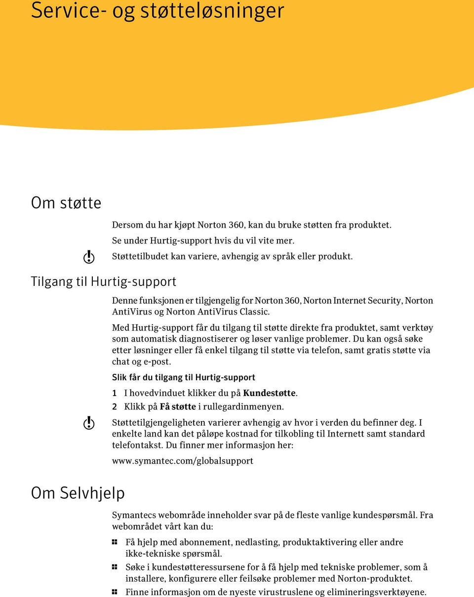 Tilgang til Hurtig-support Denne funksjonen er tilgjengelig for Norton 360, Norton Internet Security, Norton AntiVirus og Norton AntiVirus Classic.