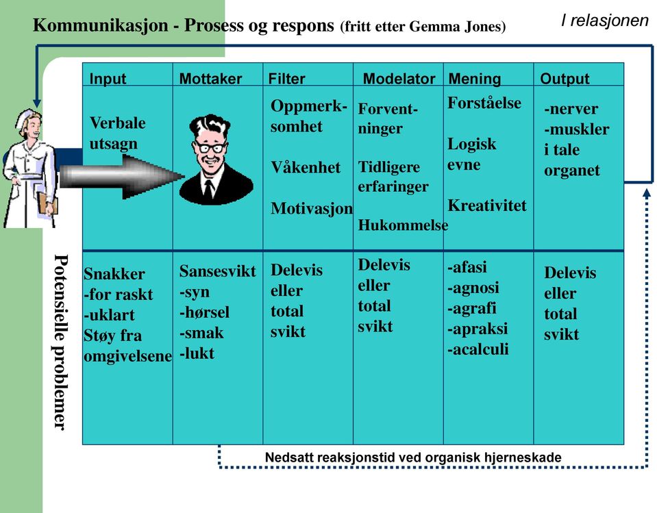 organet Potensielle problemer Snakker -for raskt -uklart Støy fra omgivelsene Sansesvikt -syn -hørsel -smak -lukt Delevis eller total