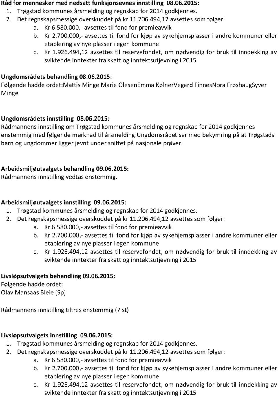 000,- avsettes til fond for kjøp av sykehjemsplasser i andre kommuner eller etablering av nye plasser i egen kommune c. Kr 1.926.