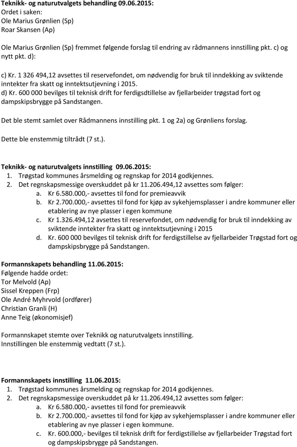 600 000 bevilges til teknisk drift for ferdigsdtillelse av fjellarbeider trøgstad fort og dampskipsbrygge på Sandstangen. Det ble stemt samlet over Rådmannens innstilling pkt.