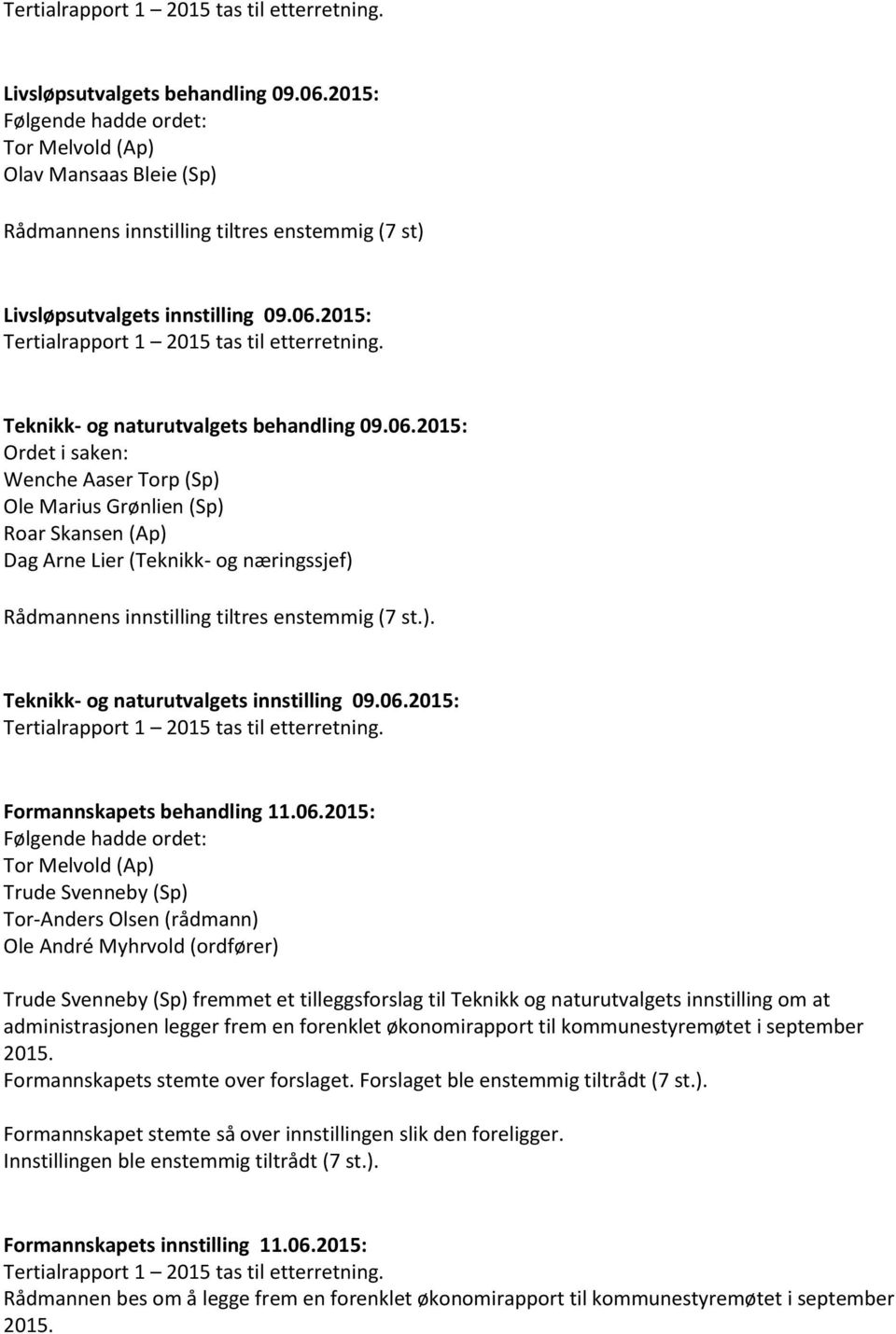 2015: Ordet i saken: Wenche Aaser Torp (Sp) Ole Marius Grønlien (Sp) Roar Skansen (Ap) Dag Arne Lier (Teknikk- og næringssjef) Rådmannens innstilling tiltres enstemmig (7 st.). Teknikk- og naturutvalgets innstilling 09.