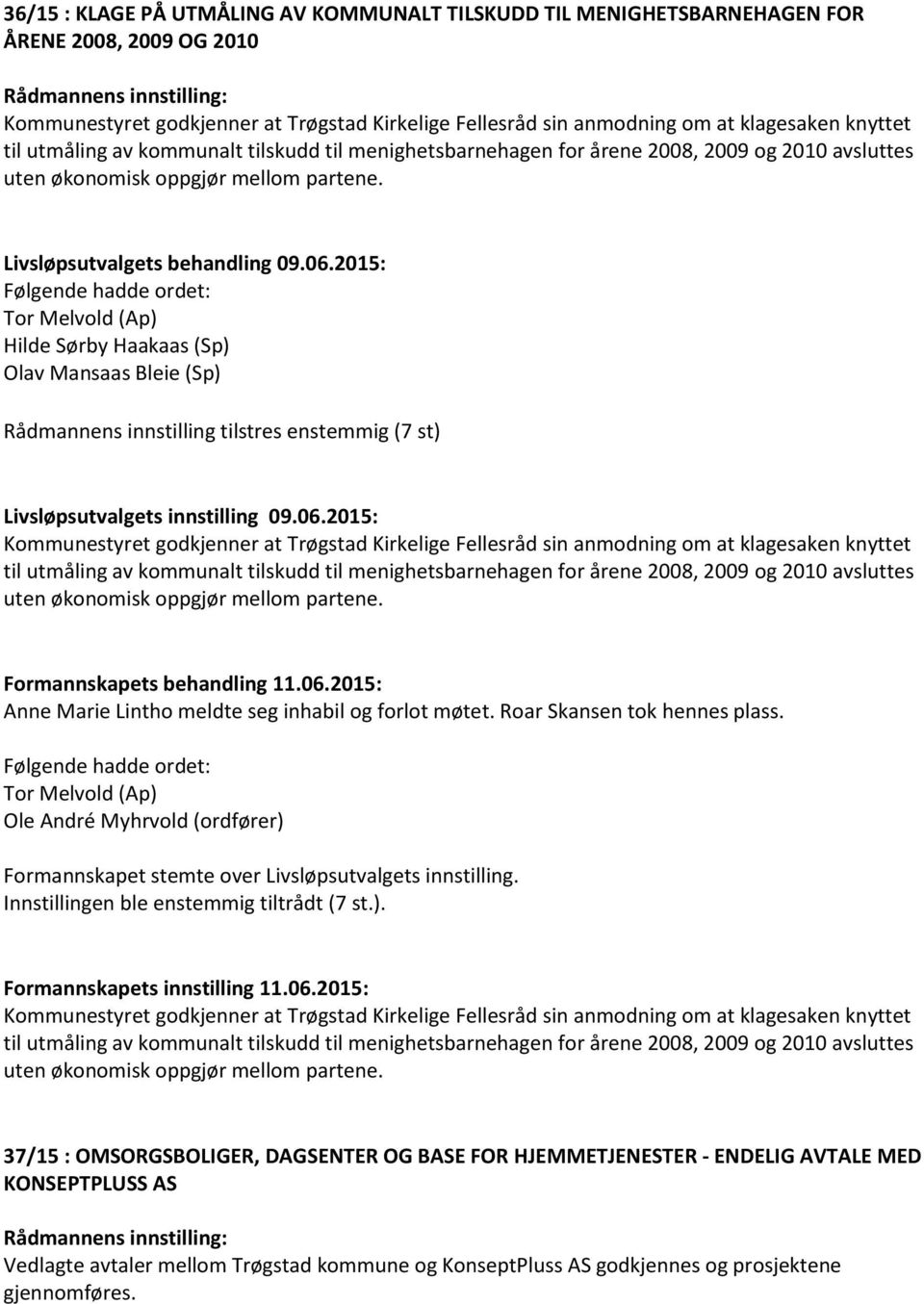 2015: Hilde Sørby Haakaas (Sp) Olav Mansaas Bleie (Sp) Rådmannens innstilling tilstres enstemmig (7 st) Livsløpsutvalgets innstilling 09.06.