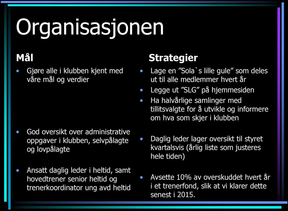 medlemmer hvert år Legge ut SLG på hjemmesiden Ha halvårlige samlinger med tillitsvalgte for å utvikle og informere om hva som skjer i klubben Daglig leder