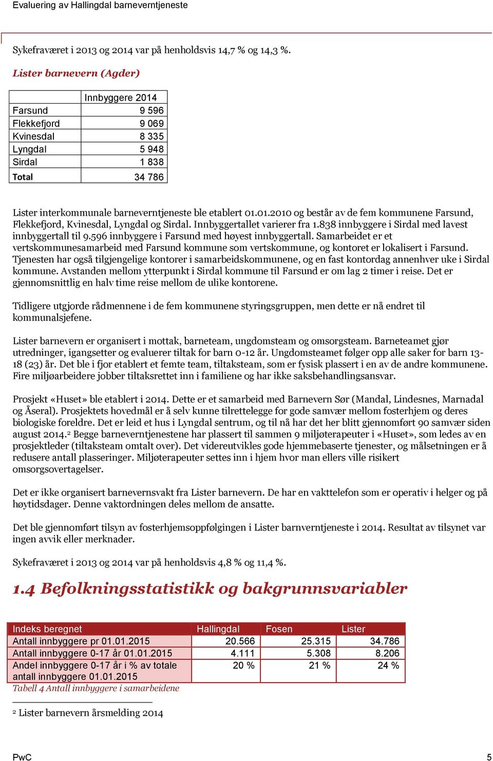 Innbyggertallet varierer fra 1.838 innbyggere i Sirdal med lavest innbyggertall til 9.596 innbyggere i Farsund med høyest innbyggertall.