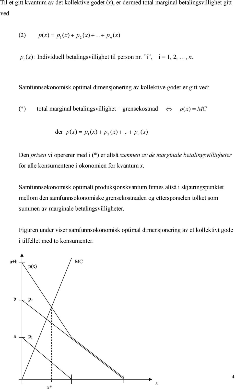 Samfunnsøkonomisk optimal dimensjonering av kollektive goder er gitt ved: (*) total marginal betalingsvillighet = grensekostnad p ( x) = MC der p x) = p ( x) + p ( x) +.