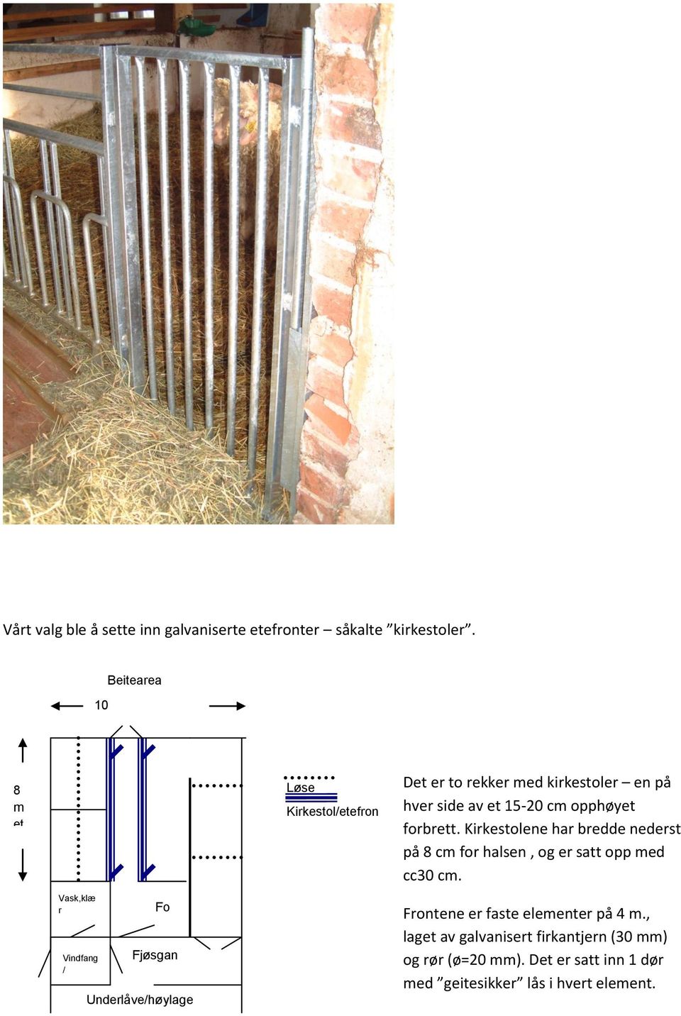 Kirkestol/etefron t Det er to rekker med kirkestoler en på hver side av et 15-20 cm opphøyet forbrett.