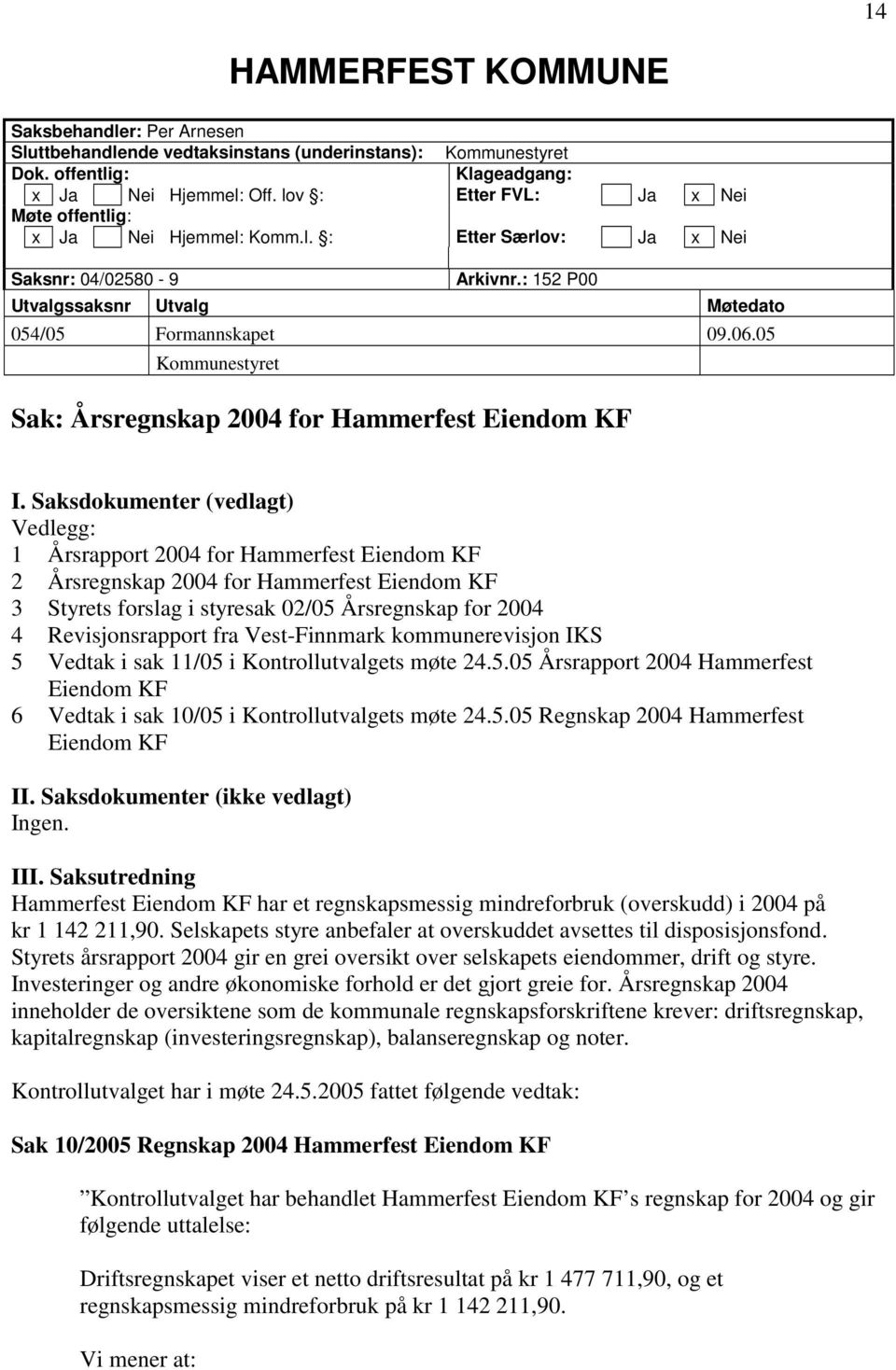 05 Kommunestyret Sak: Årsregnskap 2004 for Hammerfest Eiendom KF I.