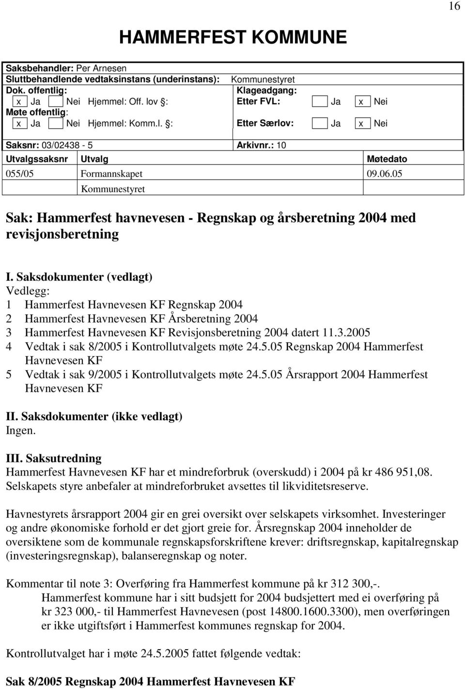 05 Kommunestyret Sak: Hammerfest havnevesen - Regnskap og årsberetning 2004 med revisjonsberetning I.