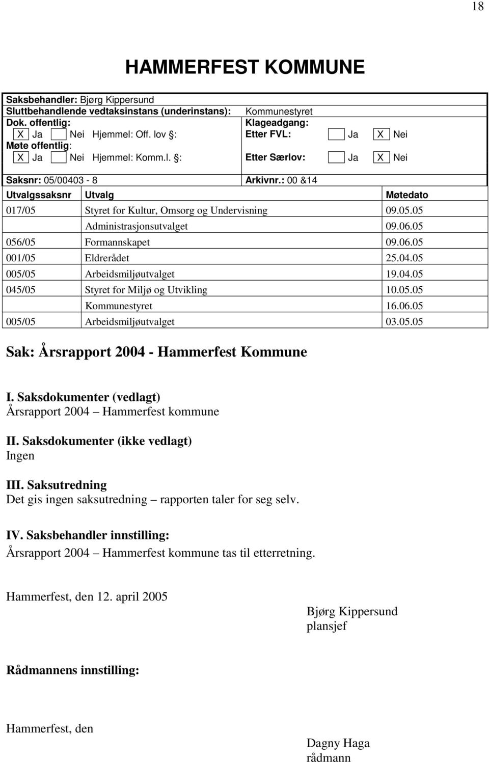 : 00 &14 Utvalgssaksnr Utvalg Møtedato 017/05 Styret for Kultur, Omsorg og Undervisning 09.05.05 Administrasjonsutvalget 09.06.05 056/05 Formannskapet 09.06.05 001/05 Eldrerådet 25.04.