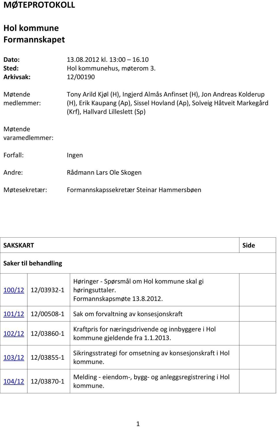 Lilleslett (Sp) Møtende varamedlemmer: Forfall: Andre: Møtesekretær: Ingen Rådmann Lars Ole Skogen Formannskapssekretær Steinar Hammersbøen SAKSKART Side Saker til behandling 100/12 12/03932-1