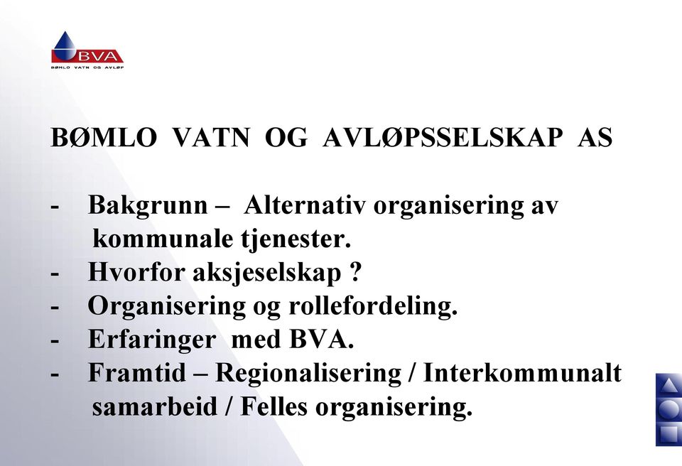 - Organisering og rollefordeling. - Erfaringer med BVA.