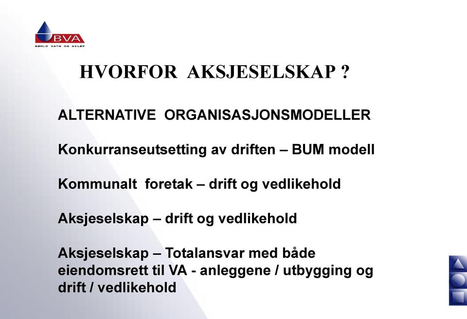 BUM modell Kommunalt foretak drift og vedlikehold Aksjeselskap