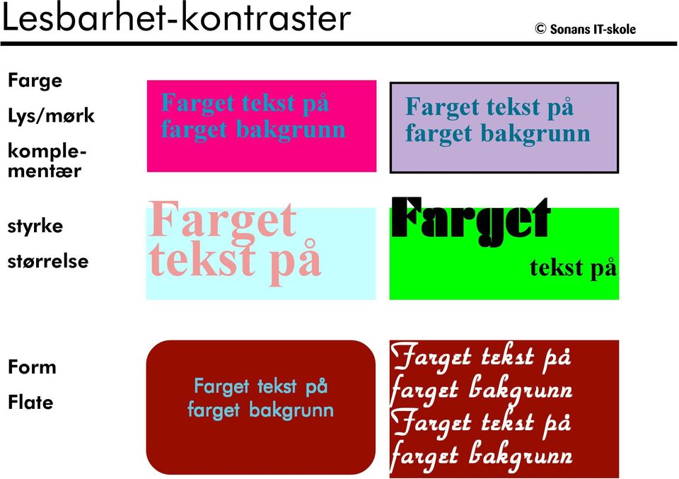 farget bakgrunn Farget tekst på Form Flate Farget tekst på farget