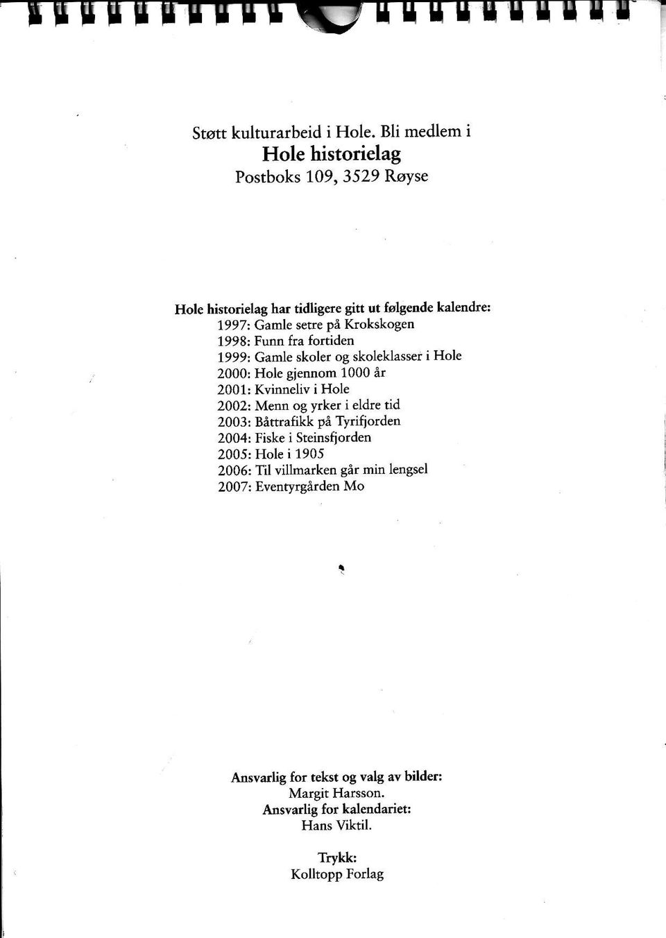 Krokskogen 1998: Funn fra fortiden 1999: Gamle skoler og skoleklasser i Hole 2000: Hole gjennom 1000 år 2001: Kvinneliv i Hole 2002: Menn og