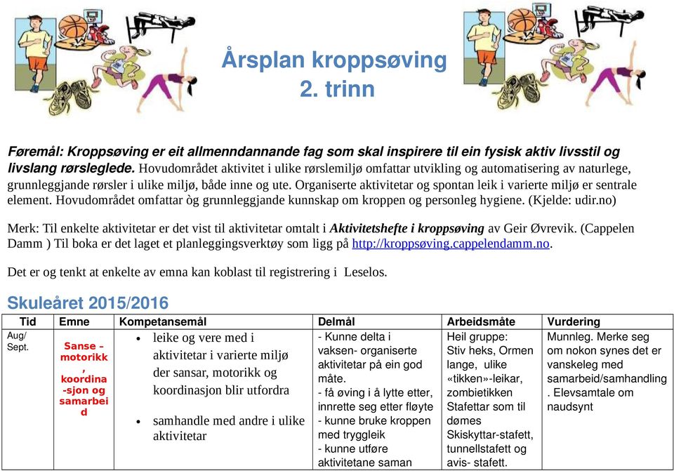 Organiserte aktivitetar og spontan leik i varierte miljø er sentrale element. Hovudområdet omfattar òg grunnleggjande kunnskap om kroppen og personleg hygiene. (Kjelde: udir.