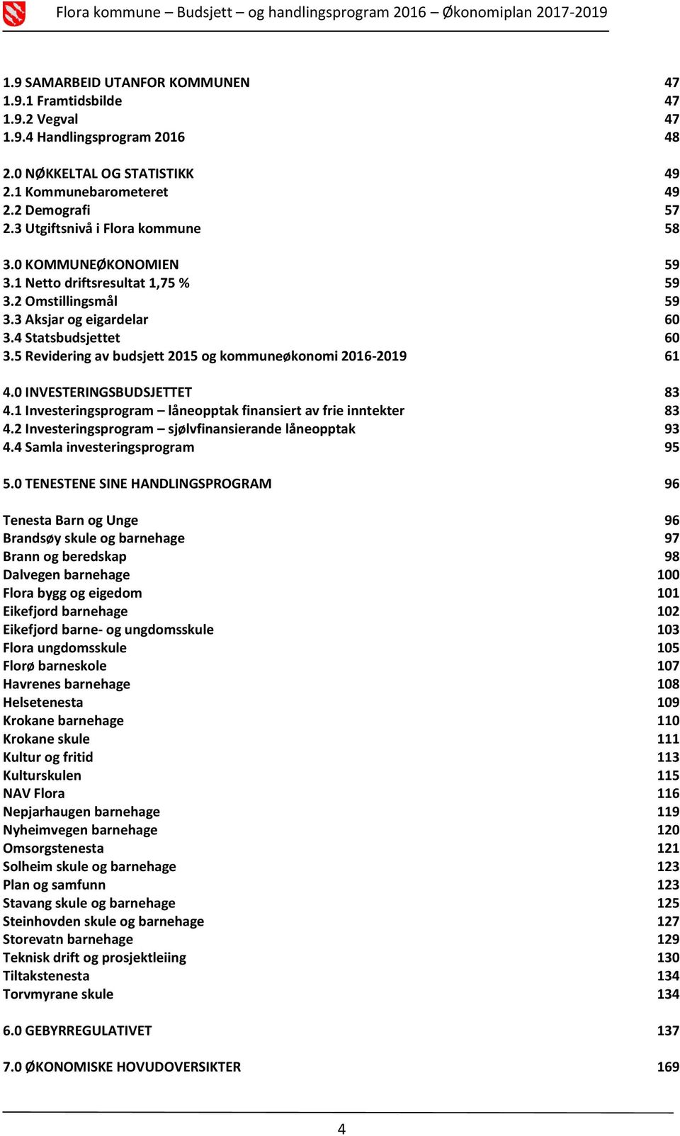 5 Revidering av budsjett 2015 og kommuneøkonomi 2016-2019 61 4.0 INVESTERINGSBUSJETTET 83 4.1 Investeringsprogram låneopptak finansiert av frie inntekter 83 4.