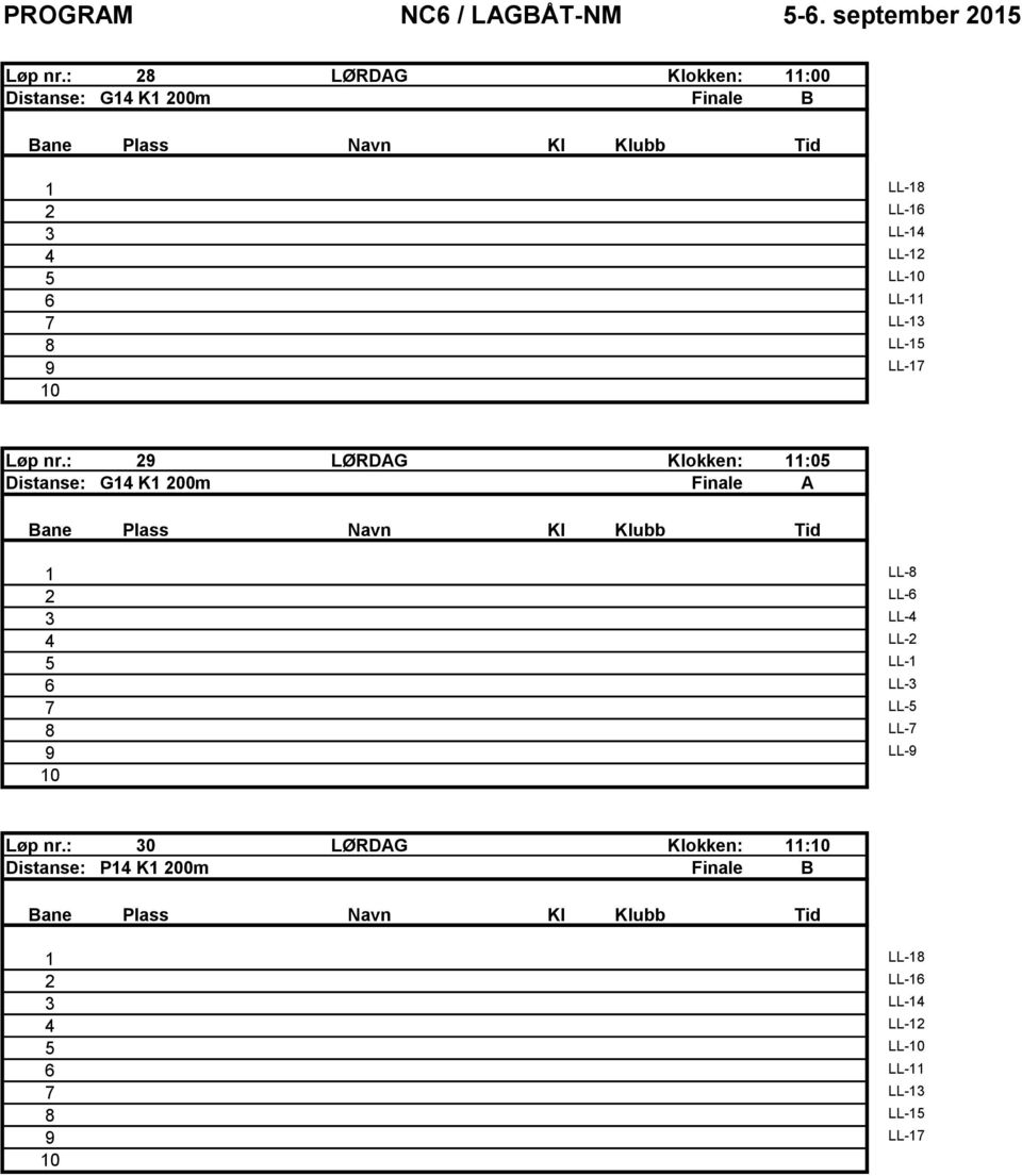 6 LL 7 LL3 8 LL5 LL7 : LØRDAG Klokken: :05 Distanse: G4 K 00m Finale A LL8