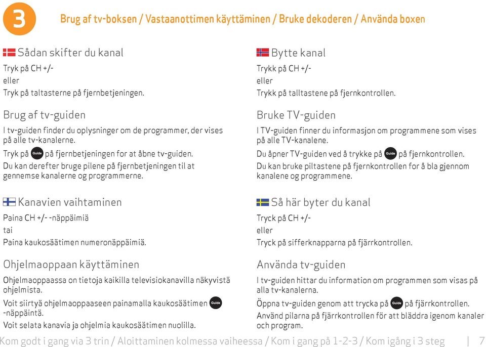 Du kan derefter bruge pilene på fjernbetjeningen til at gennemse kanalerne og programmerne. Kanavien vaihtaminen Paina CH +/- -näppäimiä tai Paina kaukosäätimen numeronäppäimiä.