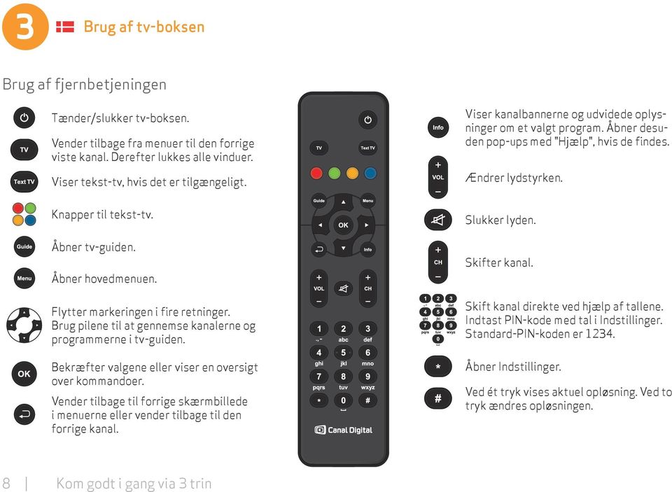 Flytter markeringen i fire retninger. Brug pilene til at gennemse kanalerne og programmerne i tv-guiden. Bekræfter valgene eller viser en oversigt over kommandoer.