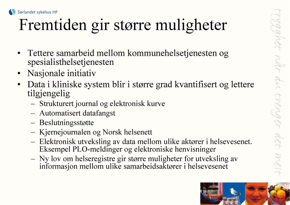 Beslutningsstøtte Kjernejournalen og Norsk helsenett Elektronisk utveksling av data mellom ulike aktører i helsevesenet.