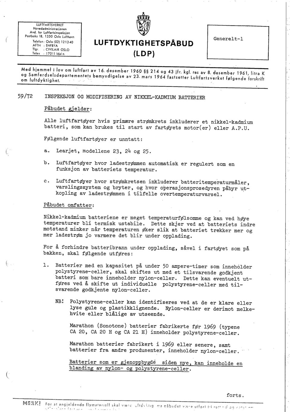 kgl. res av 8. desember 1961, litra K og Samferdselsdepartementets bemyndigelse av 23. mars 1964 fastsetter Luftfartsverket følgende forskrift om luftdyktighet. 59/72 o.