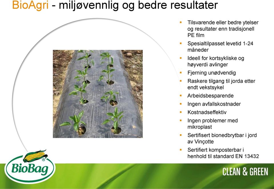 tilgang til jorda etter endt vekstsykel Arbeidsbesparende Ingen avfallskostnader Kostnadseffektiv Ingen problemer