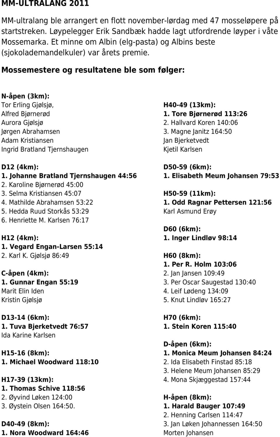 Mossemestere og resultatene ble som følger: N-åpen (3km): Tor Erling Gjølsjø, Alfred Bjørnerød Aurora Gjølsjø Jørgen Abrahamsen Adam Kristiansen Ingrid Bratland Tjernshaugen D12 (4km): 1.