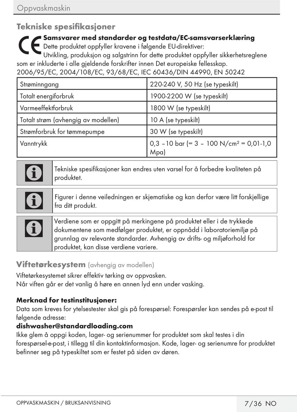 2006/95/E, 2004/108/E, 93/68/E, IE 60436/DIN 44990, EN 50242 Strøminngang Totalt energiforbruk Varmeeffektforbruk Totalt strøm (avhengig av modellen) Strømforbruk for tømmepumpe 220-240 V, 50 Hz (se