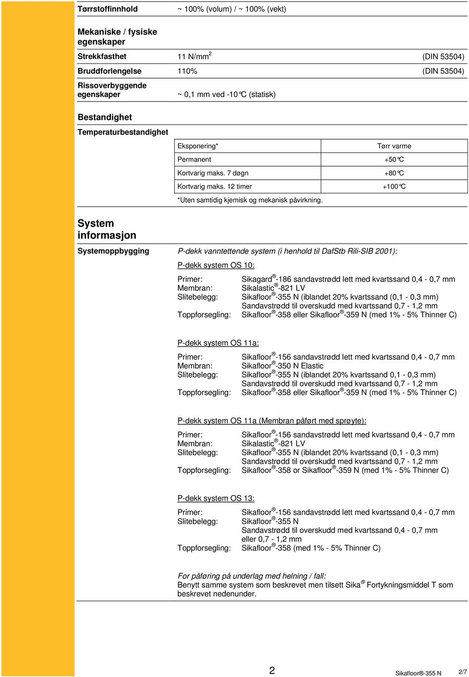 Tørr varme +50 C +80 C +100 C System informasjon Systemoppbygging P-dekk vanntettende system (i henhold til DafStb Rili-SIB 2001): P-dekk system OS 10: : Sikagard -186 sandavstrødd lett med