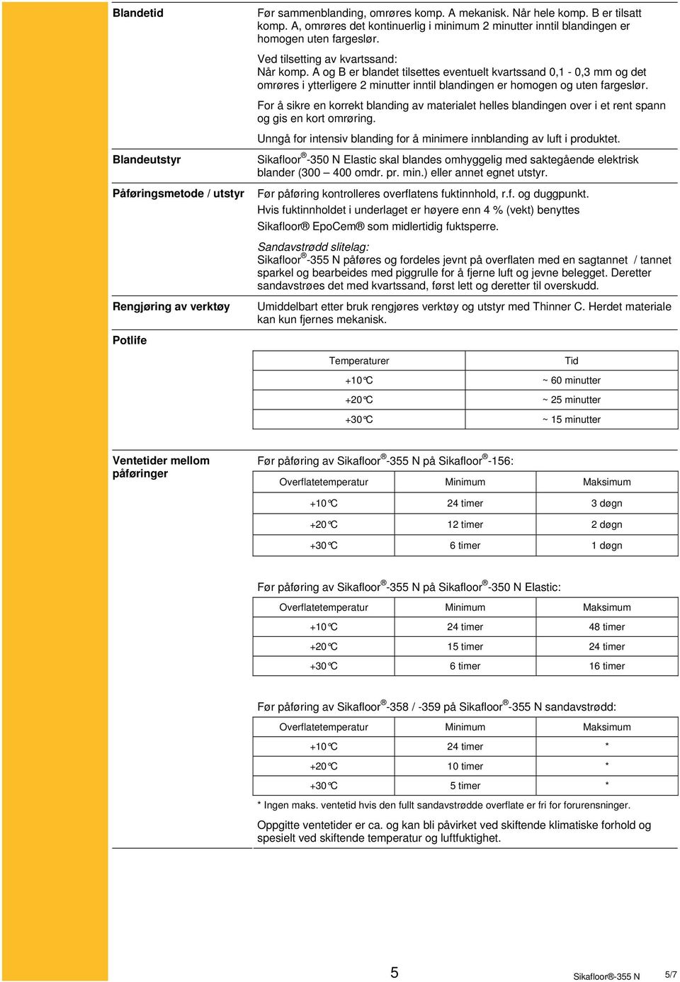 For å sikre en korrekt blanding av materialet helles blandingen over i et rent spann og gis en kort omrøring. Unngå for intensiv blanding for å minimere innblanding av luft i produktet.