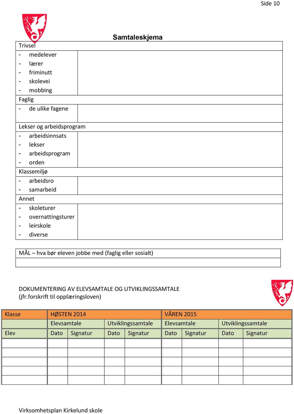 jobbe med (faglig eller sosialt) DOKUMENTERING AV ELEVSAMTALE OG UTVIKLINGSSAMTALE (jfr.